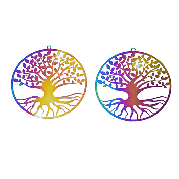 Ion Plating(IP) 201 Stainless Steel Filigree Pendants, Etched Metal Embellishments, Tree of Life, Rainbow Color, 44x42x0.2mm, Hole: 1.4mm