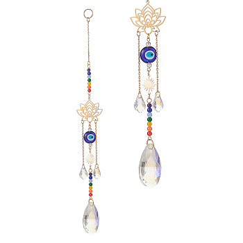 Glass Teardrop Window Hanging Suncatchers, with Evil Eye Lampwork and 7 Chakra Glass, 201 Stainless Steel Lotus Pendants Decorations Ornaments, Colorful, 271x33mm