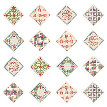 24Pcs 6 Style Opaque Embossed Printed Acrylic Pendants, Rhombus with Pattern, Colorful, 41x41x2.5mm, Hole: 1.5mm, 4pcs/style