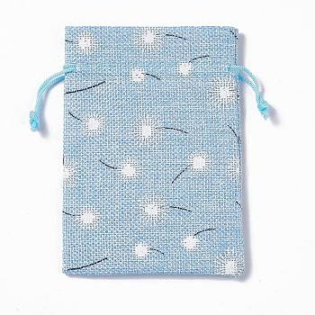 Burlap Packing Pouches Drawstring Bags, Rectangle, Sky Blue, Flower, 13.5~14x10x0.35cm