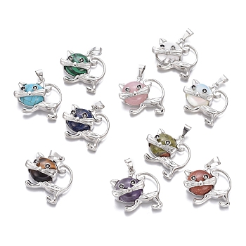 Natural & Synthetic Mixed Stone Kitten Pendants, with Platinum Tone Brass Findings, Cartoon Cat Shape, 28x30x9mm, Hole: 5x7mm