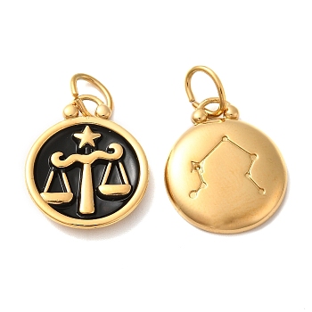 Ion Plating(IP) 304 Stainless Steel Enamel Pendants, with Jump Ring, Flat Round with Constellation, Golden, Libra, 20.5x17x2.5~3.5mm, Hole: 4x6mm