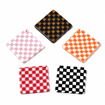 Cellulose Acetate(Resin) Pendants, Rhombus with Grid Pattern, Mixed Color, 34x34x2.5mm, Hole: 1.4mm