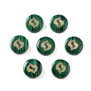 Synthetic Malachite Beads, with Golden Tone Brass Slices, Flat Round with Constellations, Pisces, 15x4mm, Hole: 1mm