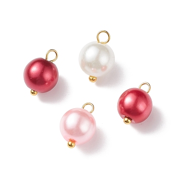 Glass Pearl Pendants, with Golden Plated Brass Findings, Round, Red, 11x8.5mm, Hole: 2mm