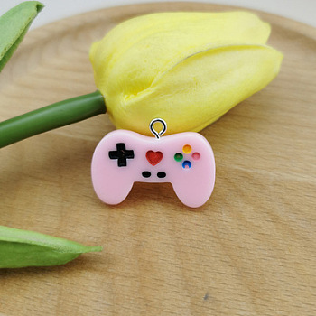 Resin Pendants, with Platinum Plated Iron Loops, Game Controller Charm, Pink, 20x28mm