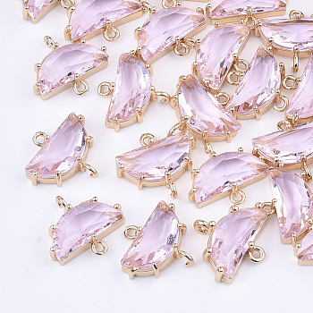 Transparent Glass Links connectors, with Brass Findings, Faceted, Half Round, Light Gold, Pearl Pink, 14x16x5mm, Hole: 1.2mm