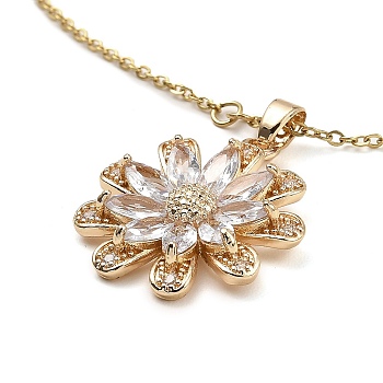 Flower Brass Micro Pave Cubic Zirconia Pendant Necklaces, with Glass, Light Gold, 16.42 inch(41.7cm)