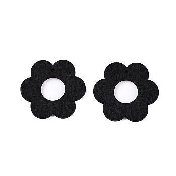 Poplar Wood Pendants, Dyed, Flower, Black, 29.5x27x2mm, Hole: 1.4mm