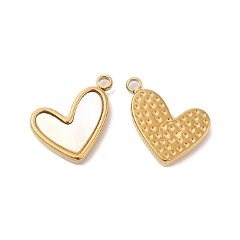 Ion Plating(IP) 304 Stainless Steel Charms, with White Shell, Heart Charm, Real 14K Gold Plated, 8x11x2mm, Hole: 1mm