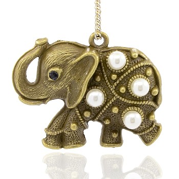 Antique Bronze Alloy Elephant Pendants, with White Acrylic Pearl Cabochons, 38x49x10mm, Hole: 3mm