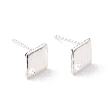 201 Stainless Steel Stud Earring Findings, with Hole and 316 Stainless Steel Pin, Rhombus, 925 Sterling Silver Plated, 9x7mm, Hole: 1mm, Pin: 0.7mm