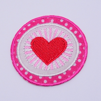 Computerized Embroidery Cloth Iron on/Sew on Patches, Costume Accessories, Appliques, Flat Round with Heart, Red, 52x1.5mm