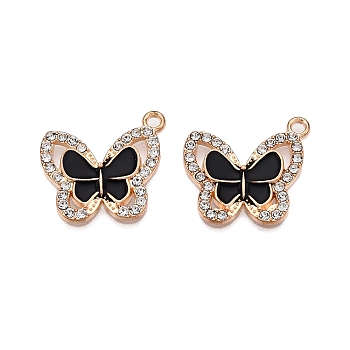 Alloy Enamel Pendants, with Crystal Rhinestone, Cadmium Free & Lead Free, Light Gold, Butterfly Charms, Black, 22.5x19.5x2mm, Hole: 1.6mm