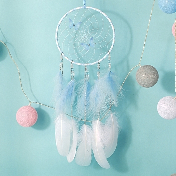 Butterfly Woven Web/Net with Feather Decorations, for Home Bedroom Hanging Decorations, Sky Blue, 500x160mm