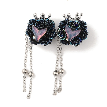 Handmade Polymer Clay Rhinestone Beads, with Resin & Acrylic & Glass Cabochon & Alloy Chain, Rose with Crown & Fishtail, Black, 60~69mm
