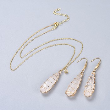 Natural Quartz Crystal Pendants Necklaces and Dangle Earrings Jewelry Sets, with 316 Surgical Stainless Steel Findings and Brass Chains, teardrop, Golden, 18.5 inch(47cm), 1mm, 62~63mm, Pin: 0.7mm