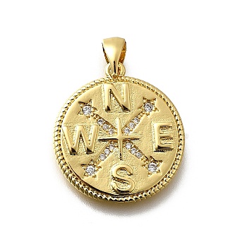 Brass Micro Pave Cubic Zirconia Pendants, Compass Charms, Lead Free & Cadmium Free, Long-Lasting Plated, Rack Plating, Real 18K Gold Plated, 22x20x2mm, Hole: 5x3mm