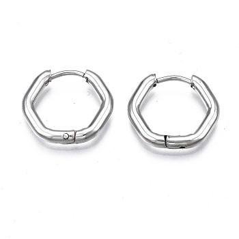 201 Stainless Steel Hexagon Hoop Earrings, Hinged Earrings for Women, with 304 Stainless Steel Pins, Stainless Steel Color, 15.5x17x2.5mm, Pin: 0.7mm