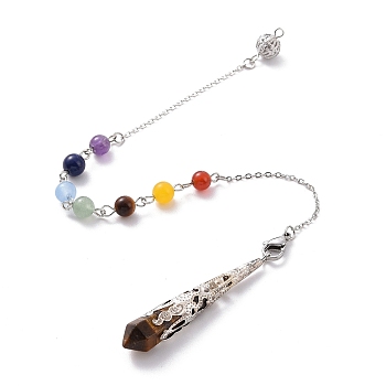 Natural Tiger Eye Pointed Dowsing Pendulums, with Natural Chakra Round Gemstone Beads & 304 Stainless Steel Findings, Faceted Bullet Charm, 272mm