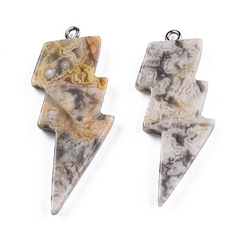 Natural Crackle Agate Pendants, Lightning Bolt Charm, with Stainless Steel Color Tone 304 Stainless Steel Loops, 40~44.5x17~20x4.5~6mm, Hole: 2mm