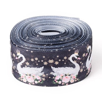 Swan Pattern Printed Grosgrain Ribbon, for DIY Craft Hair Bow Gift Packing Festival Wedding Party Birthday Decoration, Black, 1-1/2 inch(38mm), 10 yards/roll(9.14m/roll)
