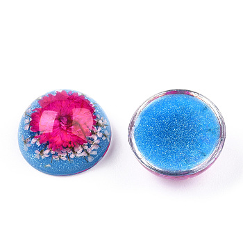 Resin Cabochons, Dome, Half Round, with Dried Flower inside, Cerise, 17.5~18x8.5~9.5mm