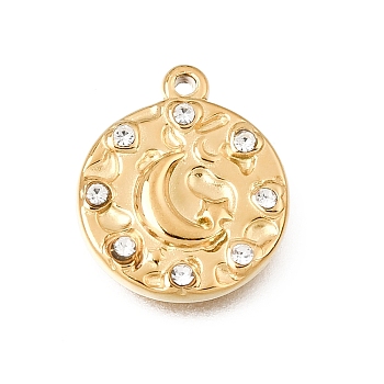 304 Stainless Steel Rhinestone Pendants, Round with Moon Charms, Ion Plating(IP), Real 18K Gold Plated, 16.5x14x3mm, Hole: 1.2mm