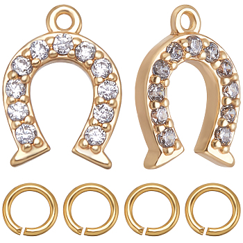 10Pcs Brass Micro Pave Clear Cubic Zirconia Charms, Nickel Free, Real 18K Gold Plated, Horseshoe, with 10Pcs Brass Open Jump Rings, Real 18K Gold Plated, 9x6.5x1.5mm, Hole: 0.7mm