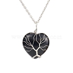Natural Obsidian Heart Pendant Necklaces, Platinum Copper Wire Wrap Necklace, 20.47 inch(52cm)(PW-WG58330-09)