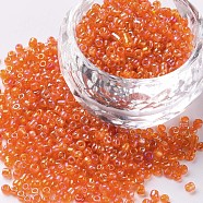 Glass Seed Beads, Trans. Colors Rainbow, Round, Orange Red, 
Size: about 2mm in diameter, hole:1mm, about 6666pcs/100g(X1-SEED-A007-2mm-169B)