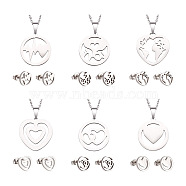 Kissitty 6 Sets 6 Style Valentine's Day Heart Jewelry Set, 304 Stainless Steel Pendant Necklace and Stud Earrings for Women, Stainless Steel Color, 17.83 inch(45.3cm), 10x10mm, Pin: 0.7mm, 1 Set/style(SJEW-KS0001-01)