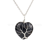 Natural Obsidian Heart Pendant Necklaces, Platinum Copper Wire Wrap Necklace, 20.47 inch(52cm)(PW-WG58330-09)