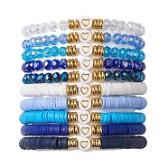 10Pcs Polymer Clay Disc & Glass & Brass Beaded Stretch Bracelets Set, Heart Stackable Bracelets, Deep Sky Blue, Inner Diameter: 2-1/8 inch(5.4cm)(BJEW-JB09676-01)