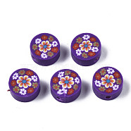 Handmade Polymer Clay Beads, for DIY Jewelry Crafts Supplies, Flat Round with Flower, Purple, 9.5~10x4.5mm, Hole: 1.8mm(CLAY-N008-039A)