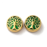 304 Stainless Steel Enamel Beads, Flat Round with Tree of Life, Real 18K Gold Plated, 11x4mm, Hole: 1mm(STAS-I203-02A-G)