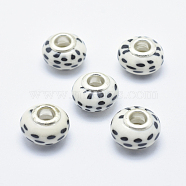 Handmade Polymer Clay European Beads, Large Hole Beads, Rondelle with Dot Pattern, White, 13~16x8~11mm, Hole: 4.5~5mm(CLAY-K002-F13)