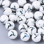 Christmas Opaque Glass Beads, Round with Electroplate Elk Christmas Reindeer/Stag Pattern, Green Plated, 10mm, Hole: 1.2mm(X-EGLA-R113-03E)