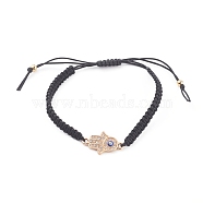 Adjustable Nylon Thread Braided Bead Bracelets, with Enamel and Alloy Rhinestone Links, Hamsa Hand with Evil Eye, Golden, Black, Inner Diameter: 2-1/8~3-1/2 inch(5.3~8.8cm)(BJEW-JB06076-01)