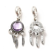 Rack Plating Alloy European Dangle Charms, with Glass, Large Hole Charms, Flat Round with Feather, Antique Silver, Lilac, 35mm, Pendant: 25x13x4mm, Hole: 5mm(PALLOY-P289-11AS-01)