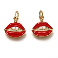 Brass Enamel Charms, Long-Lasting Plated, Real 18K Gold Plated, with Jump Ring, Lip with Teeth, Red, 14x13x2.3mm, Hole: 3.3mm(KK-B026-23G)