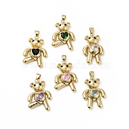 Rack Plating Brass Micro Pave Cubic Zirconia Pendants, Cadmium Free & Lead Free, Real 18K Gold Plated, Bear with Heart Charms, Mixed Color, 28x18x8mm, Hole: 4.5x3.5mm(KK-E060-13G)