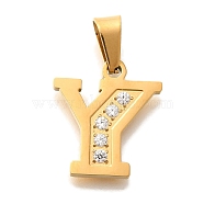 Ion Plating(IP) 304 Stainless Steel Rhinestone Pendants, Letter Y, 17~19x10.5~18x2mm, Hole: 6.5x3.5mm(STAS-U035-01G-Y)