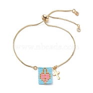 Glass Seed Heart & Brass Cross Charms Silder Bracelets, with Box Chains, Golden, Inner Diameter: 2-5/8 inch(6.6cm)(BJEW-MZ00056)