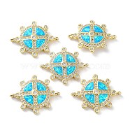 Rack Plating Brass Micro Pave Clear Cubic Zirconia Connector Charms, Flat Round Links with Cyan Synthetic Opal, Cadmium Free & Lead Free, Long-Lasting Plated, Real 18K Gold Plated, 19x23x3mm, Hole: 1mm(KK-C041-29G)