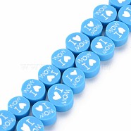 Handmade Polymer Clay Bead Strands, Mother's Day Theme, Flat Round with Word I Love MOM, Deep Sky Blue, 8x4mm, Hole: 1.4mm, about 40pcs/strand, 13.58 inch~ 14.37 inch(34.5cm~36.5cm)(CLAY-S096-013F)