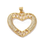 Rack Plating Brass Micro Pave Cubic Zirconia Pendants, Real 18K Gold Plated, Long-Lasting Plated, Lead Free & Cadmium Free, Heart, Clear, 25.5x27x3mm, Hole: 4.7x3.6mm(KK-E281-25G)