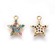 Brass Cubic Zirconia Charms, Star, Colorful, Golden, 13x11x2mm, Hole: 1mm(KK-O119-17G)