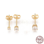 925 Sterling Silver Stud Earrings Set, with Clear Cubic Zirconia and Ear Nuts, Square, Golden, 13~14mm, Pin: 0.7mm, 3pcs/set(STER-D033-17G)