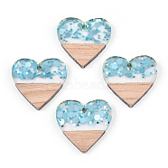 Transparent Resin & White Wood Pendants, Heart Charms with Paillettes, Light Sky Blue, 24x25x3.5~4mm, Hole: 2mm(RESI-N039-55)